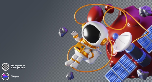 3d cute astronaut in outer space cartoon render of cosmonaut in suit and helmet flying in weightlessness exploring alien planets among stone asteroids and artificial earth satellite