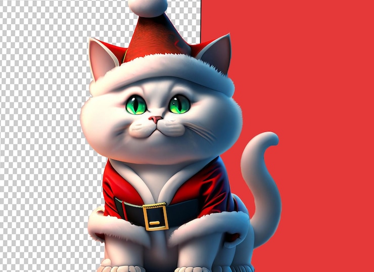 PSD 3d cute baby cat wearing santa clues dress white