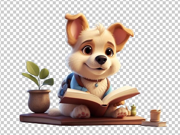 3d cute baby a dog with hair holding a book in hand solid background