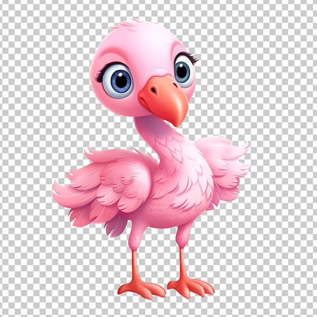 3d cute baby flamingo pink bird with colorful feathers in a transprent background