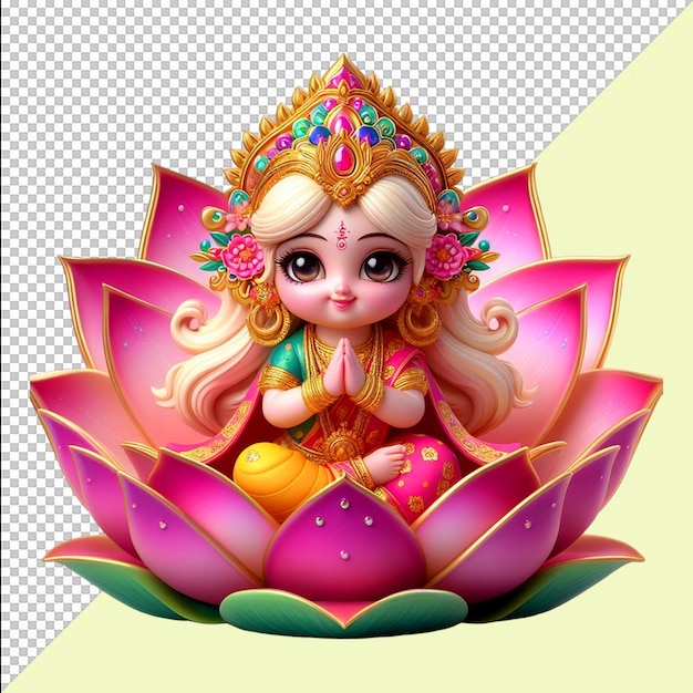 PSD 3d cute beautiful indian goddess ma lakshmi colorful on the lotus isolated on transparent background