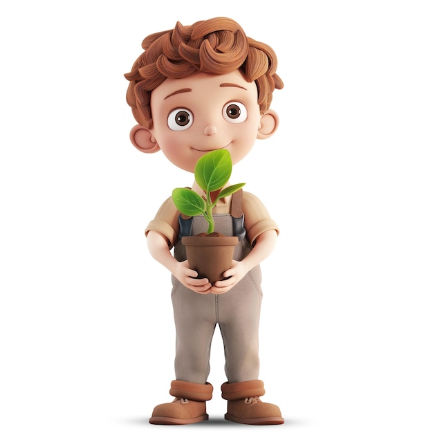 3d cute boy holding a seedling earth day concept