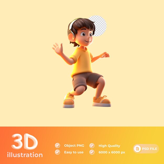 PSD 3d cute boy yellow tshirt brown shorts