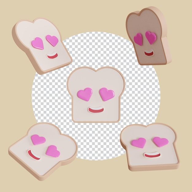 3D милый хлебный персонаж с улыбающимся лицом и сердечными глазами