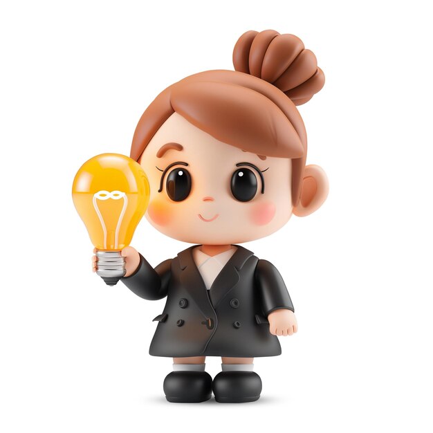 3D симпатичный бизнес-девушка персонаж с лампочкой