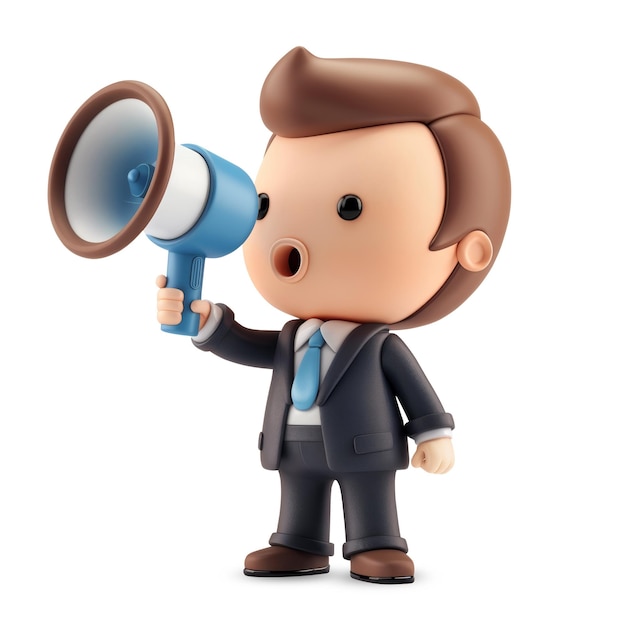 PSD 3d cute businessman character holding megaphone