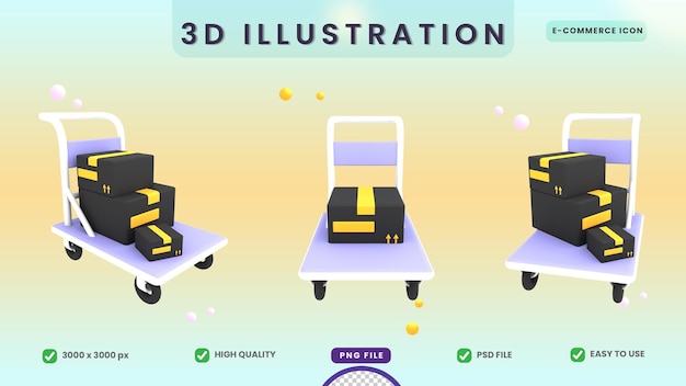 PSD carrello carino 3d con due scatole di cartone icona e-commerce illustrazione