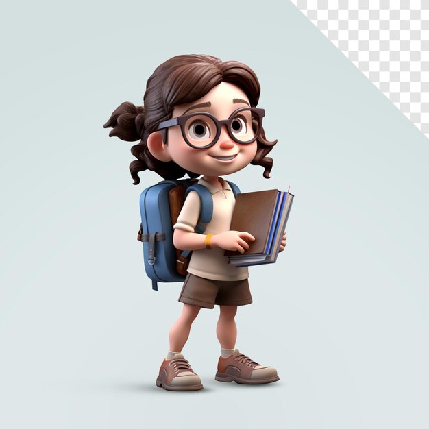 3D Cute cartoon brunette schoolgirl with backpack and textbooks isolated on a white background