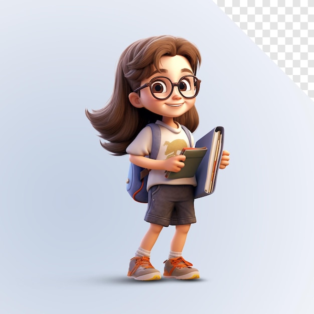 PSD 3d cute cartoon brunette schoolgirl with backpack and textbooks isolated on a white background