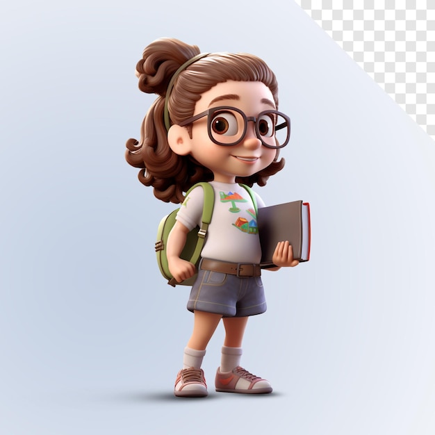 3d cute cartoon brunette schoolgirl with backpack and textbooks isolated on a white background