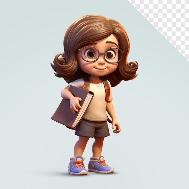 PSD 3d cute cartoon brunette schoolgirl with backpack and textbooks isolated on a white background