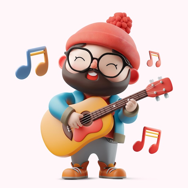 PSD 3d cute cartoon character a man playing a guitar