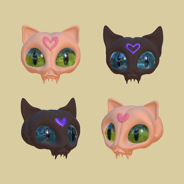 3d cute cat skull with big eyes and love