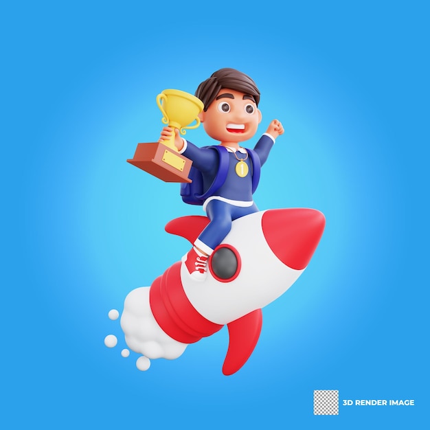 PSD 3d cute character champion get trophy and medal flying on a rocket back to school concept