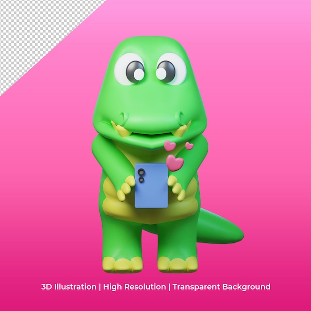 3d cute character crocodile with phone and floating love