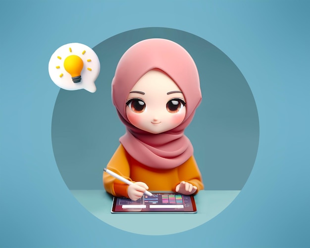 PSD 3d cute character of female hijab girl as illustrator drawing an digital illustration with tablet