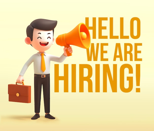 PSD 3d cute character illustration of a manager employee staff announcing a job vacancy is hiring