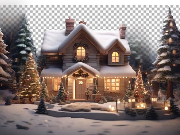 3d cute christmas house on transparent background