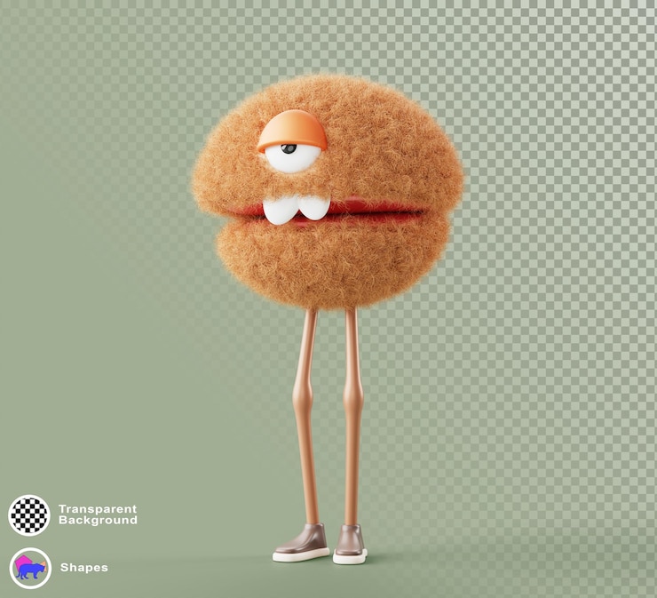 PSD 3d cute fluffy monster circle geometric cartoon character with face emotion render funny comic creature with fur hairy texture alien furry sleepy and tired animal with eye teeth