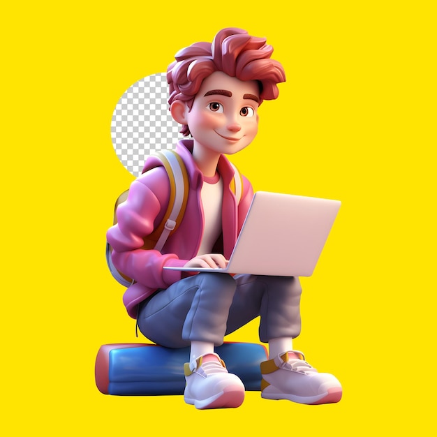 3d 귀여운 프리랜서 소년이 앉아서 무릎 위에 노트북을 사용하고 있습니다. BG에 격리된 3d 캐릭터 렌더링