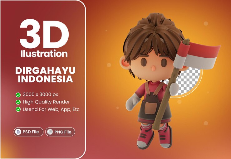 PSD インドネシアの独立をテーマにした3dかわいい女の子バリスタイラストキャラクター