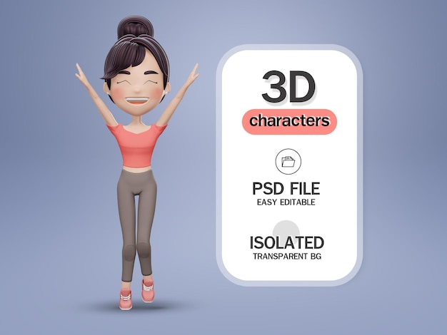 3 d のかわいい女の子のキャラクターの陽気な幸せそうな顔は彼の手を上げることを喜ぶ