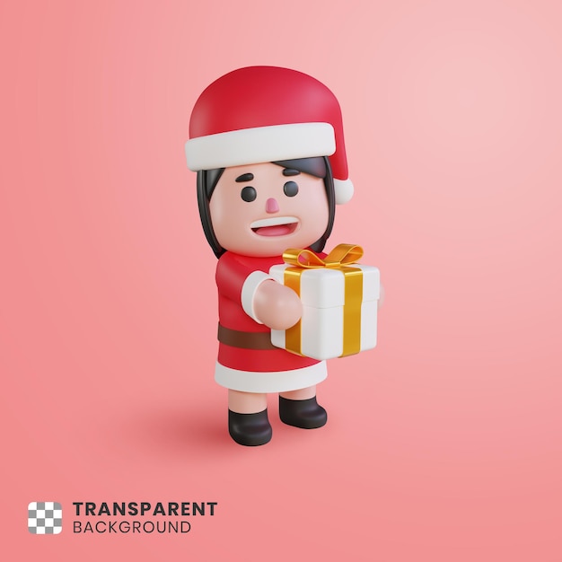 3d cute girl character Santa Claus with a gift box