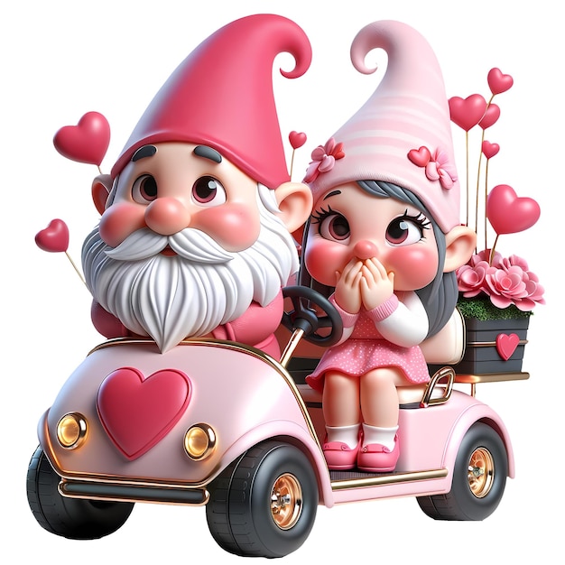 PSD 3d cute gnome couple golf cart valentine clipart illustratie