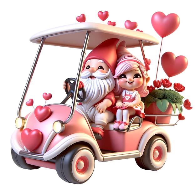 PSD 3d cute gnome couple golf cart valentine clipart ilustracja