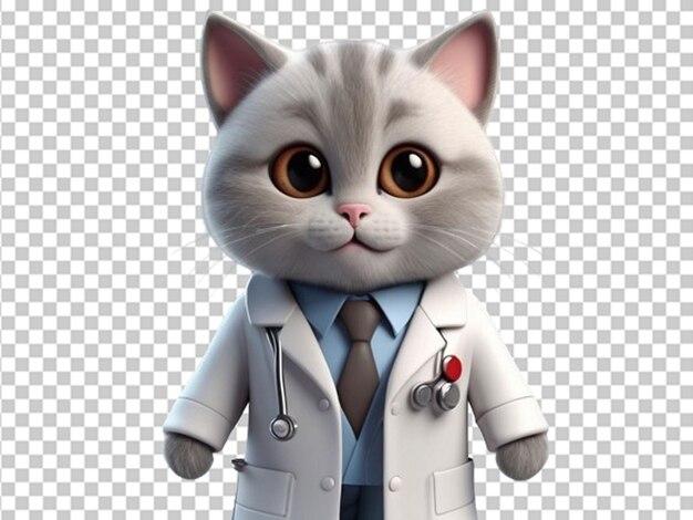 PSD 3d cute grey doctor cat in a white medical jacket