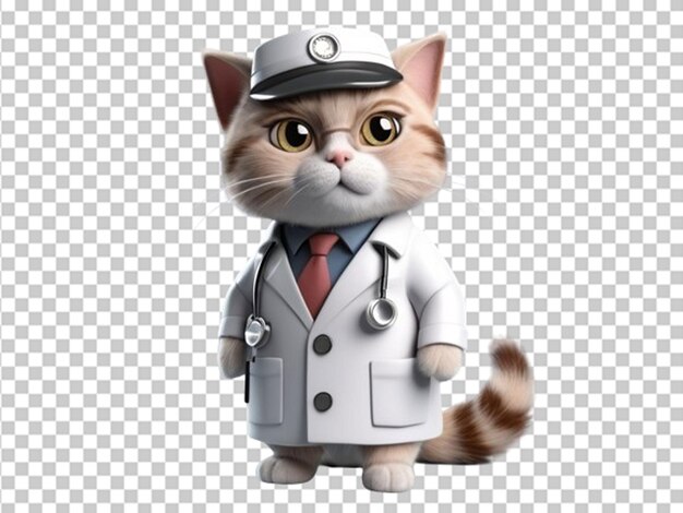 PSD 3d cute grey doctor cat in a white medical jacket