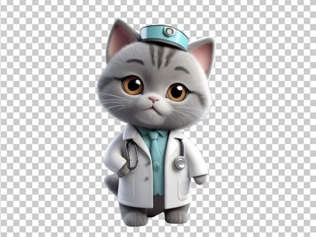 PSD 3d cute grey doctor cat in a white medical jacket