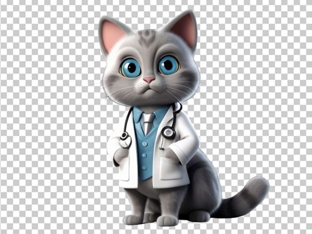 PSD 3d cute grey doctor cat in a white medical jacket