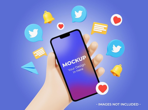 PSD 3d carino mano che tiene il modello del telefono e l'icona dei social media