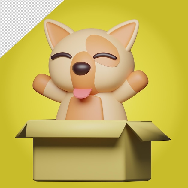 PSD 3d cute happy dog character in the box