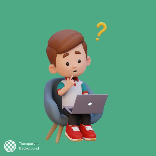 3Dの可愛い子供のキャラクターがラップトップで混乱している