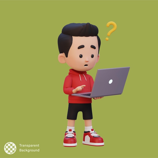 3d cute kid character confused on a laptop