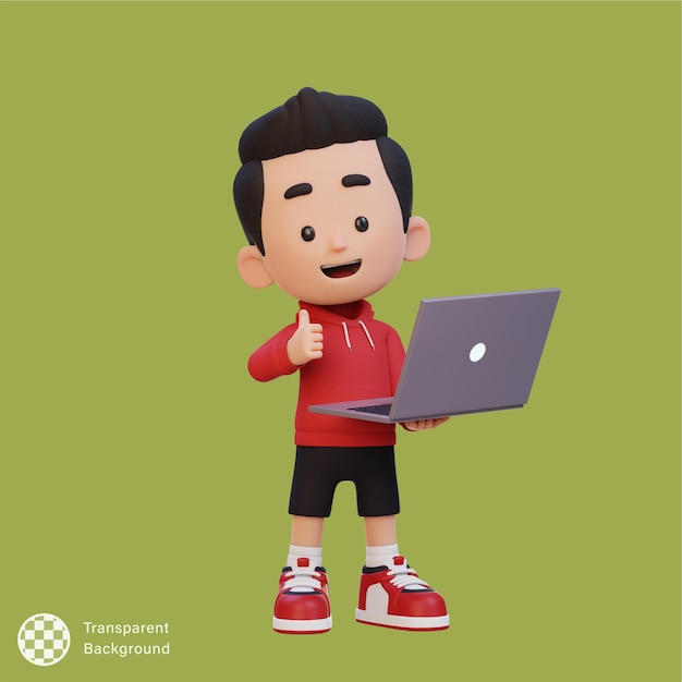 3D cute kid character give a thumb up while holding a laptop