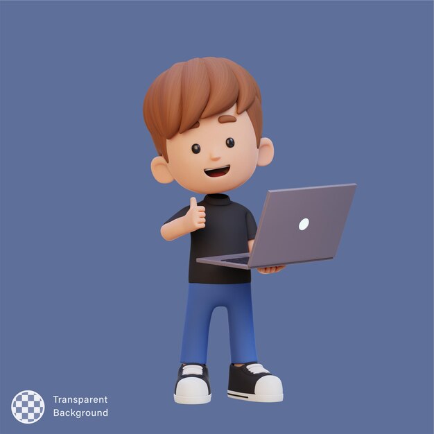 PSD 3d cute kid character give a thumb up while holding a laptop