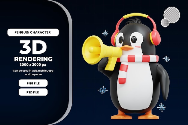 PSD 3d cute penguin przynieść megafon ilustracja premium psd