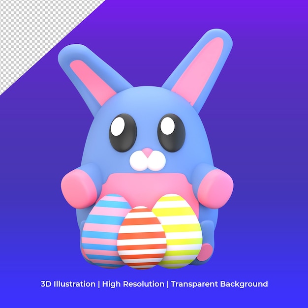 3d cute rabbit hare with three easter eggs in front