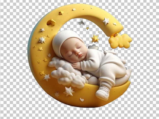 Bambino dormiente 3d vestito di bianco su luna gialla e nuvole