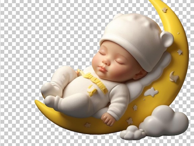 PSD 3d cute sleeping baby wearing white on yellow moon and clouds