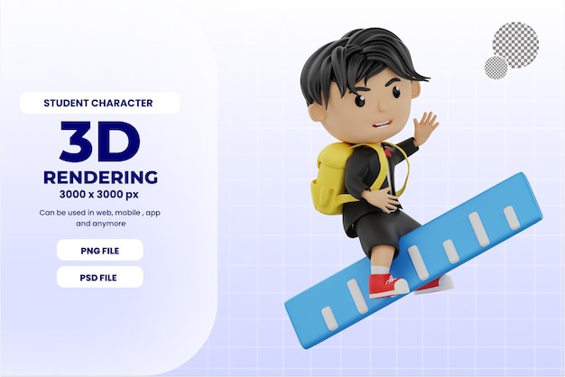 3d cute student character bring a ruler