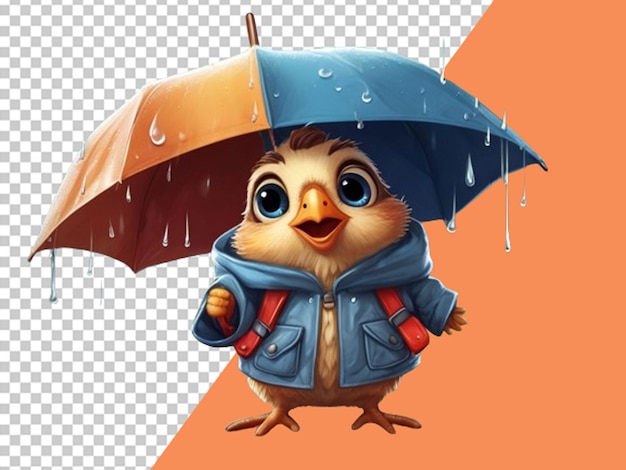 PSD 3d cute super quail wearing a jacket with umbrella and backpack