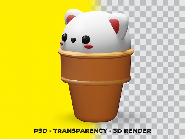 3d cute white cat on the ice cream with transparency background psd