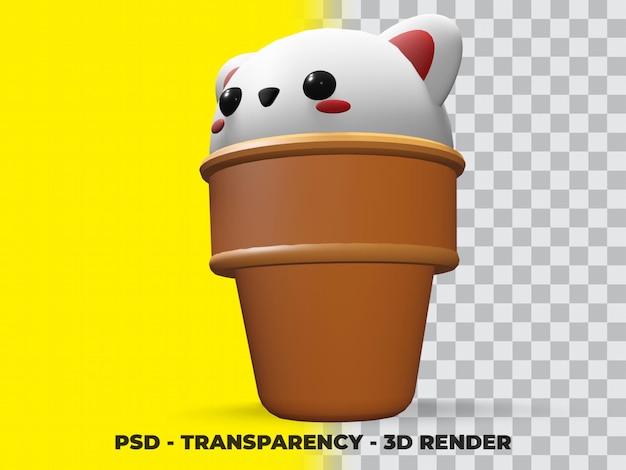 3d cute white cat on the ice cream with transparency background psd
