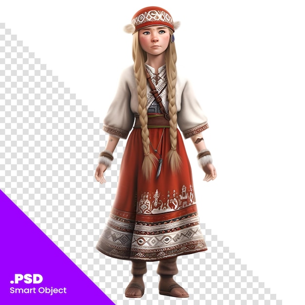 PSD 3d cyfrowy render małej dziewczynki w rodzimym kostiumie izolowany na białym tle szablon psd