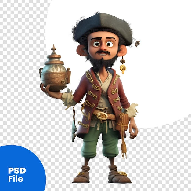 PSD 3d cyfrowy render pirata kreskówki z latarnią na białym tle szablon psd