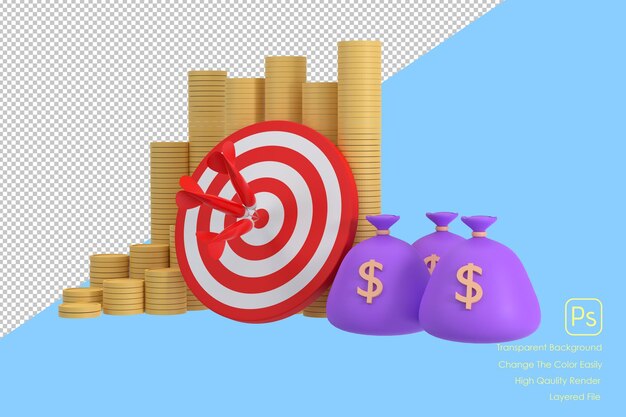 3D czerwony cel w rzutki ze stertą pieniędzy i torbą pieniędzy koncepcja biznesu finansowegoxA